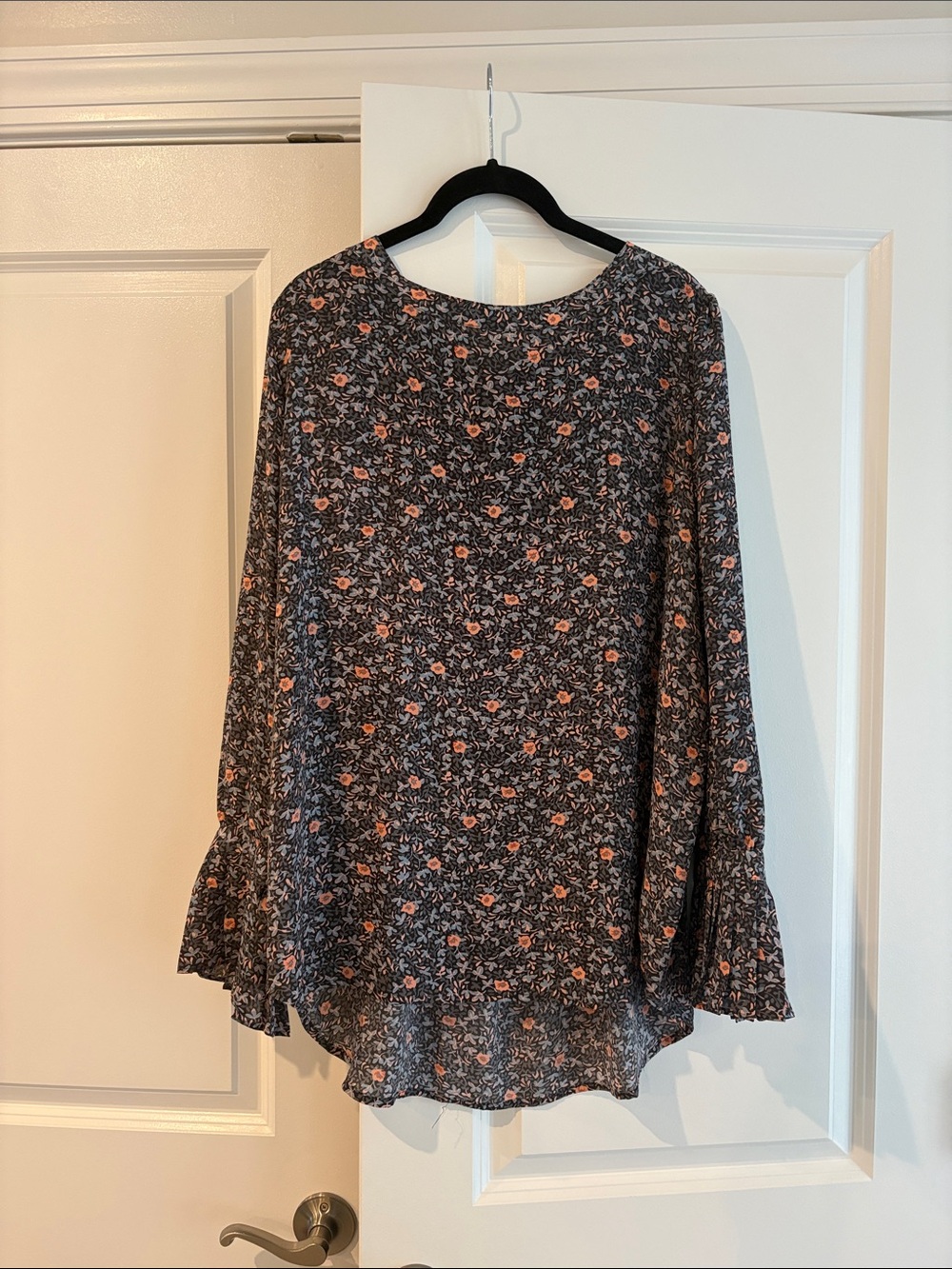 Loft Women's Floral Long-Sleeve Blouse in Navy Blue and Coral